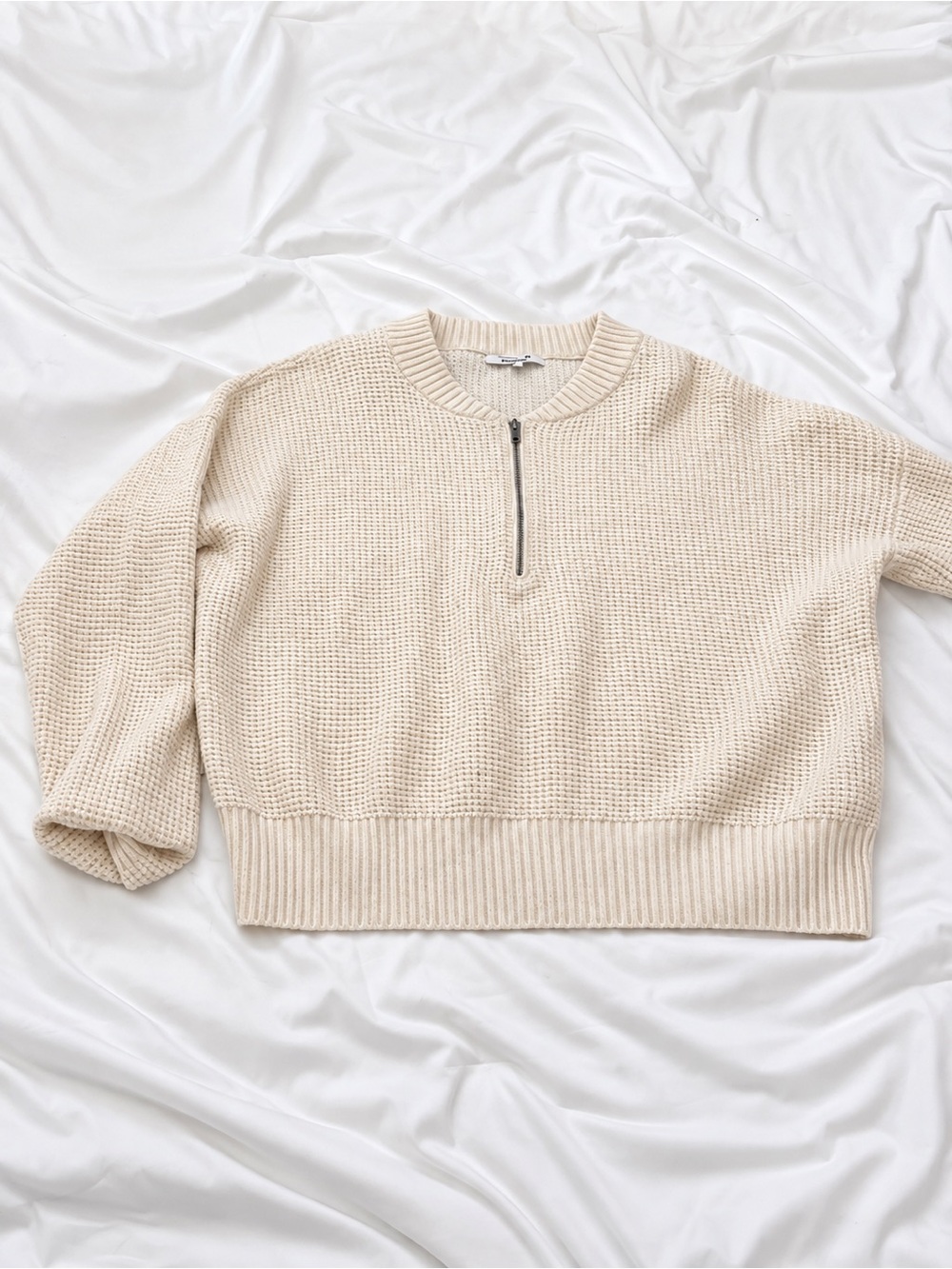 Madewell Cream Waffle-Knit Half Zip Crew Sweater